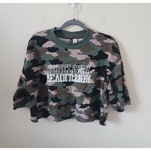 H&M Divided Rebel Girl Womens Short Sleeve Camo Green Crop Top Size M